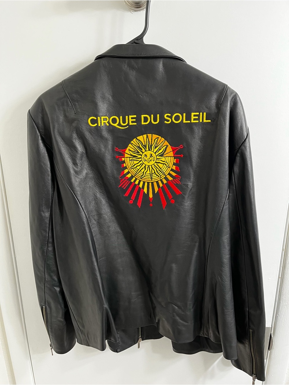 Cirque Du Soleil Black Leather Bomber with Cirque du Soleil Sun Embroidery